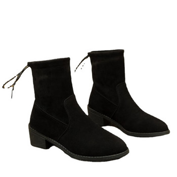 Разпродажба на дамски обувки 2023 г. Нови дамски ботуши с връзки, зимни обувки с остър нос, плътни обувки, дамски къси модни ботуши с масивен ток