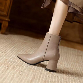 Разпродажба на дамски обувки 2023 г. Модни дамски ботуши до глезена Елегантни модерни ботуши Дамски шевни обувки с цип и остри пръсти с квадратен ток Дамски