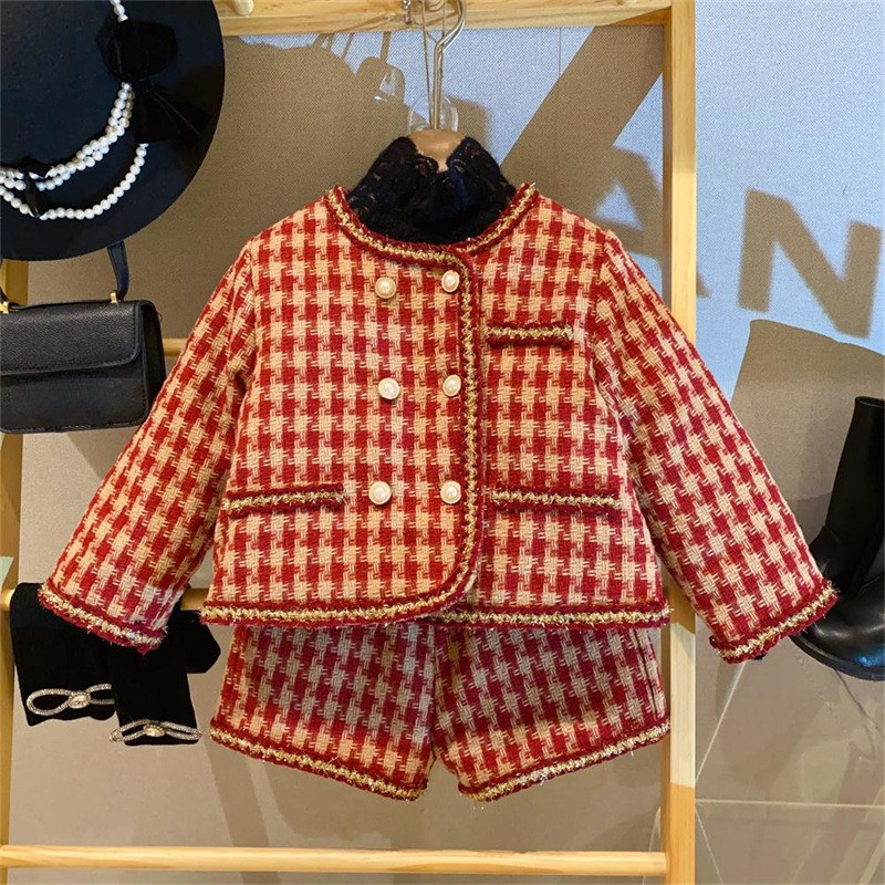 Lastele 2tk Tviidrõivaste komplektid Talve puuvillane polsterdatud soojad tüdrukute mantlid+lühikesed püksid Moodne Korea fliissärk Lasteriided Ülikonnad