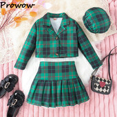 Prowow 4-7Y mergaičių kalėdinė apranga vaikams, languotas paltas ir languotas sijonas su skrybėle 3 vnt vaikiškas kalėdinis kostiumas