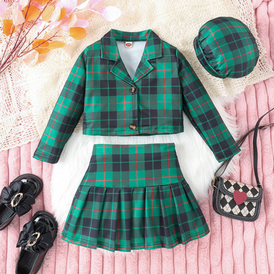 Prowow 4-7Y mergaičių kalėdinė apranga vaikams, languotas paltas ir languotas sijonas su skrybėle 3 vnt vaikiškas kalėdinis kostiumas