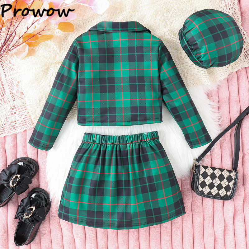 Prowow 4-7Y mergaičių kalėdinė apranga vaikams, languotas paltas ir languotas sijonas su skrybėle 3 vnt vaikiškas kalėdinis kostiumas