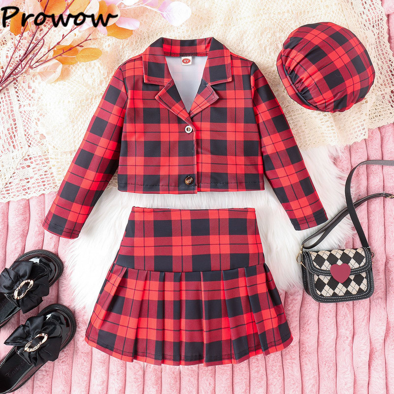 Prowow 4-7Y mergaičių kalėdinė apranga vaikams, languotas paltas ir languotas sijonas su skrybėle 3 vnt vaikiškas kalėdinis kostiumas