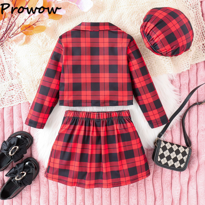 Prowow 4-7Y mergaičių kalėdinė apranga vaikams, languotas paltas ir languotas sijonas su skrybėle 3 vnt vaikiškas kalėdinis kostiumas