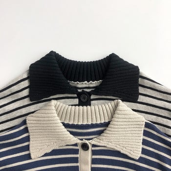 7096 Детска плетена тениска Polo 2023 Есен Нови горнища с контрастни ивици Корейски ежедневен пуловер за момче Пуловер Трикотажни горнища