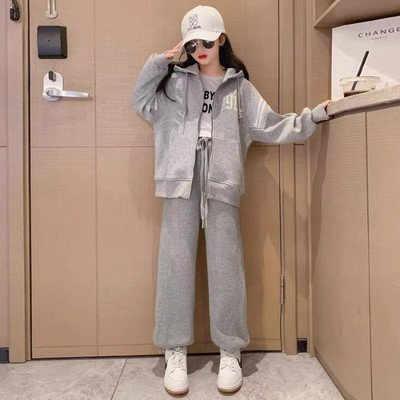 Mergaičių laisvalaikio megztinių komplektas su gobtuvu Pavasariniai rūbai Jaunesniems vaikams ilgomis rankovėmis striukė sportinės kelnės Rudens tendencija 3-15Y