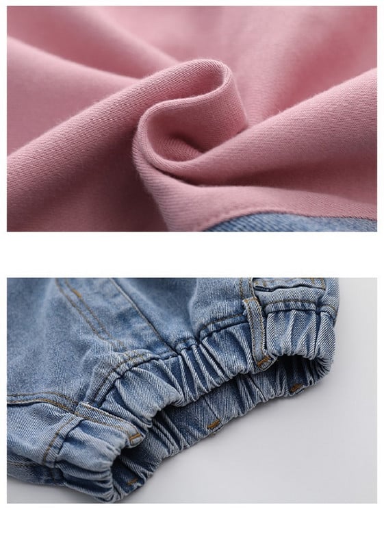 Kevad-sügis lapitehnika, laste spordidress, kontrastsed tüdrukute kampsunid + teksapükste komplektid, lastele 2-osaline komplekt, 3–16-aastaste rõivaste komplekt