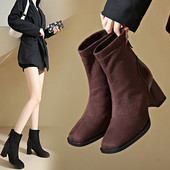 2024. aasta naiste kontsad, lühikesed saapad, ümmarguse varbaga, sügissaapad naistele seemisnahast naiste kingad ruudu kontsaga pahkluu retrosaapad naistele