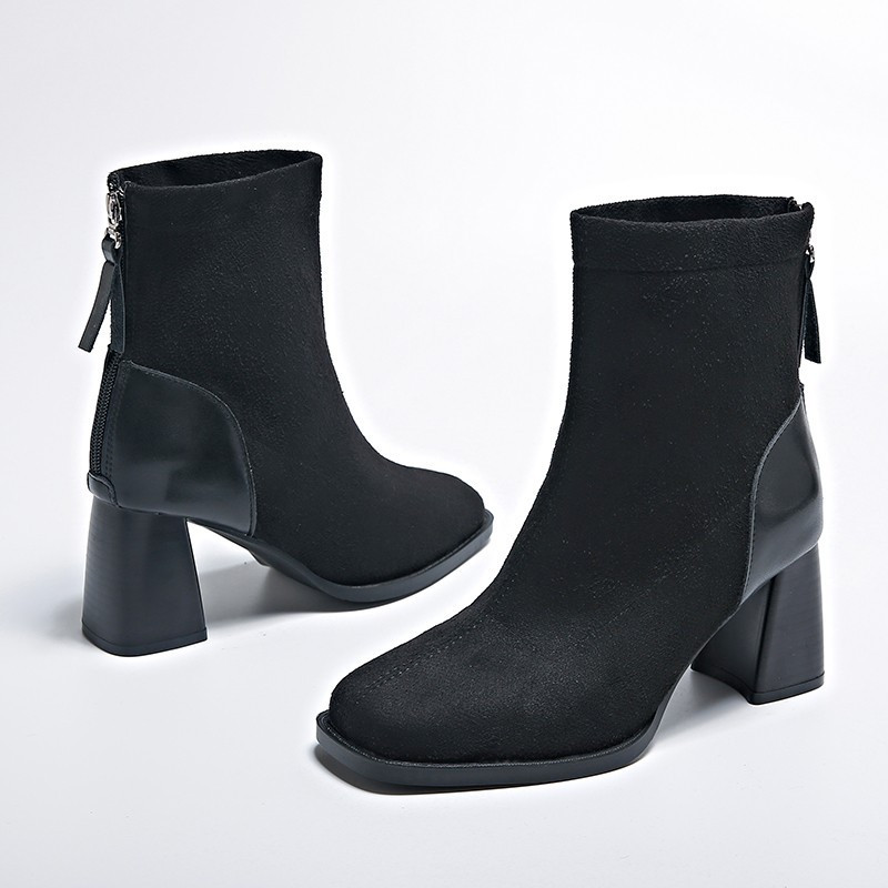 2024. aasta naiste kontsad, lühikesed saapad, ümmarguse varbaga, sügissaapad naistele seemisnahast naiste kingad ruudu kontsaga pahkluu retrosaapad naistele