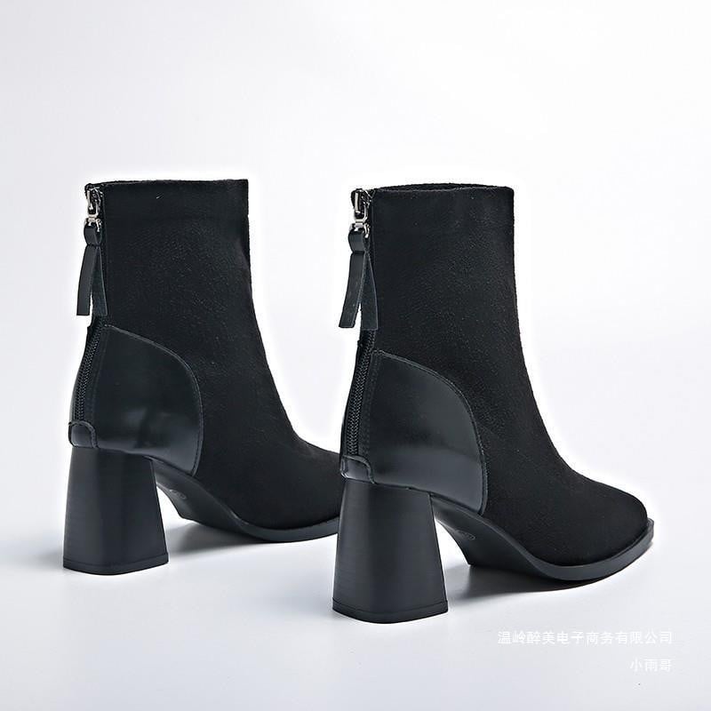 2024. aasta naiste kontsad, lühikesed saapad, ümmarguse varbaga, sügissaapad naistele seemisnahast naiste kingad ruudu kontsaga pahkluu retrosaapad naistele