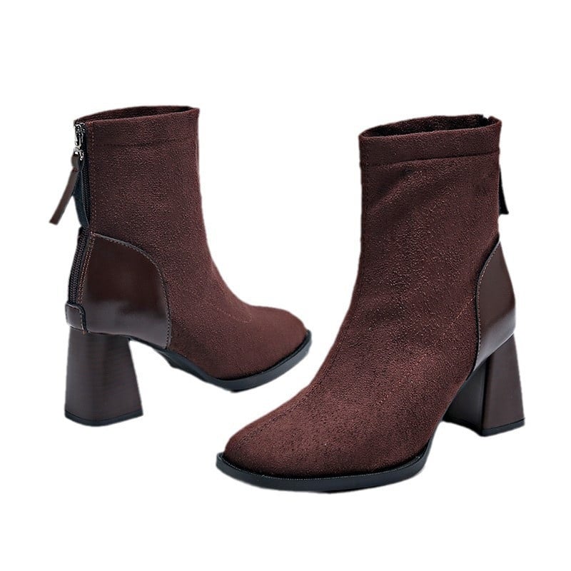 2024. aasta naiste kontsad, lühikesed saapad, ümmarguse varbaga, sügissaapad naistele seemisnahast naiste kingad ruudu kontsaga pahkluu retrosaapad naistele