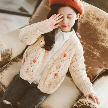 Есенно-зимна мода на цветя Harajuku Пуловери за момичета Сладки детски горнища за плетене с дълги ръкави Сладки ежедневни копчета Детски дрехи