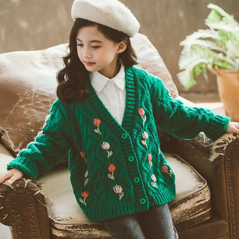 Есенно-зимна мода на цветя Harajuku Пуловери за момичета Сладки детски горнища за плетене с дълги ръкави Сладки ежедневни копчета Детски дрехи