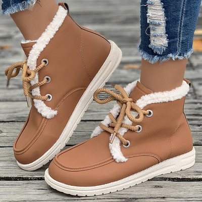 Φθινοπωρινές χειμερινές μπότες χιονιού για γυναίκες Κοντές βελούδινες ζεστές επίπεδες γόβες Βαμβακερά παπούτσια Γυναικεία αδιάβροχα αντιολισθητικά δερμάτινα μποτάκια από PU