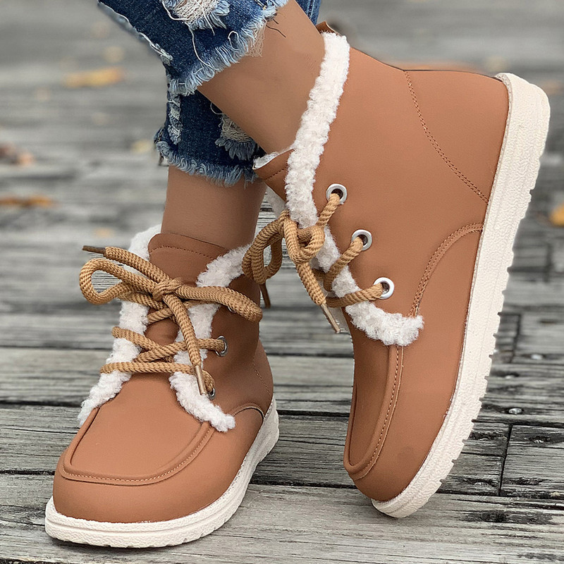 Φθινοπωρινές χειμερινές μπότες χιονιού για γυναίκες Κοντές βελούδινες ζεστές επίπεδες γόβες Βαμβακερά παπούτσια Γυναικεία αδιάβροχα αντιολισθητικά δερμάτινα μποτάκια από PU