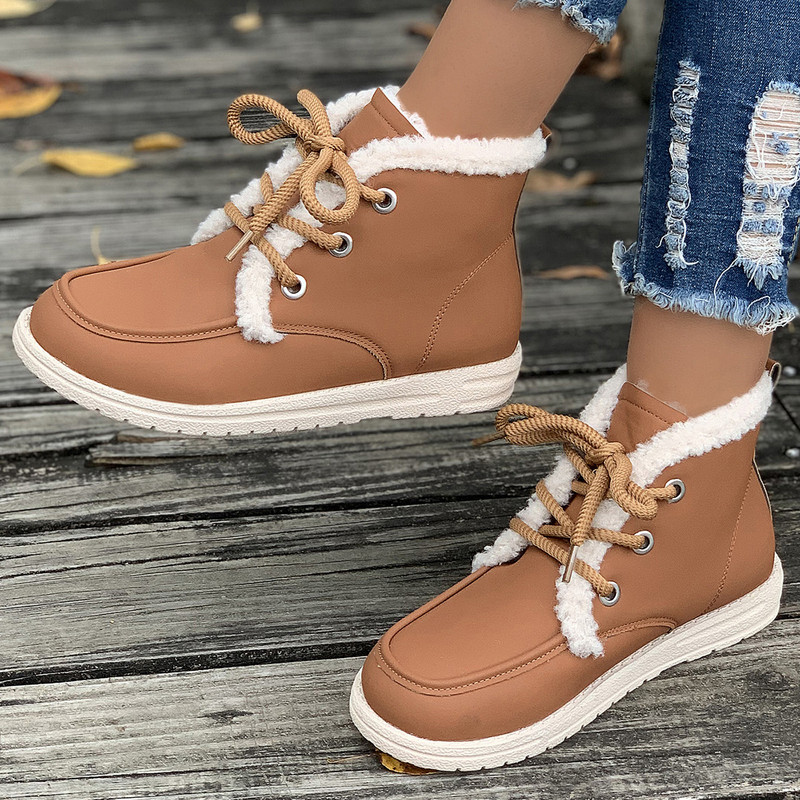 Φθινοπωρινές χειμερινές μπότες χιονιού για γυναίκες Κοντές βελούδινες ζεστές επίπεδες γόβες Βαμβακερά παπούτσια Γυναικεία αδιάβροχα αντιολισθητικά δερμάτινα μποτάκια από PU