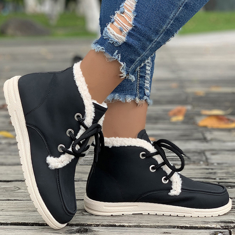 Φθινοπωρινές χειμερινές μπότες χιονιού για γυναίκες Κοντές βελούδινες ζεστές επίπεδες γόβες Βαμβακερά παπούτσια Γυναικεία αδιάβροχα αντιολισθητικά δερμάτινα μποτάκια από PU