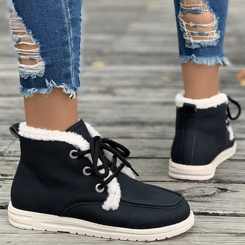 Φθινοπωρινές χειμερινές μπότες χιονιού για γυναίκες Κοντές βελούδινες ζεστές επίπεδες γόβες Βαμβακερά παπούτσια Γυναικεία αδιάβροχα αντιολισθητικά δερμάτινα μποτάκια από PU