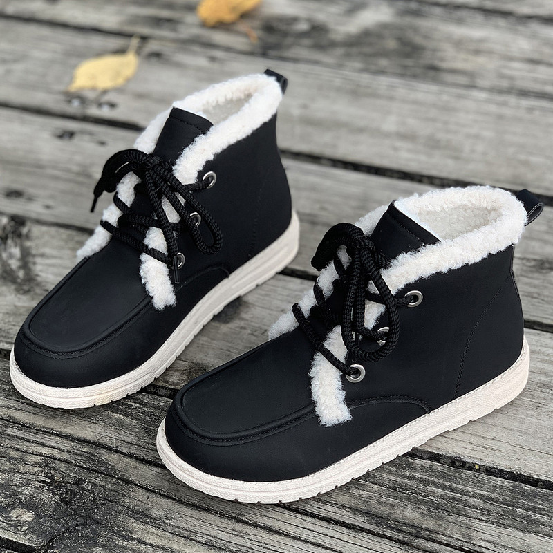 Φθινοπωρινές χειμερινές μπότες χιονιού για γυναίκες Κοντές βελούδινες ζεστές επίπεδες γόβες Βαμβακερά παπούτσια Γυναικεία αδιάβροχα αντιολισθητικά δερμάτινα μποτάκια από PU