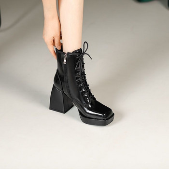 Дамски обувки 2023 г. Висококачествени дамски ботуши с кръстосани връзки Модни модерни ботуши със страничен цип Дамски нови боти до глезена с квадратен ток zapatos