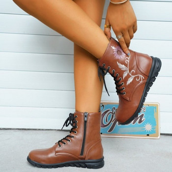 Обувки за жени 2023 г. Гореща разпродажба Дамски ботуши със страничен цип Плоски с кръгли пръсти Дамски обувки с бродирани големи размери Дамски ботуши