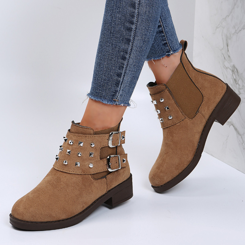 Suures suuruses naiste poolsaapad naiste talvekingad Uued Rooma Flock Rivet paksud kontsad lühikesed saapad naistele Mood Hoia soojas Botas