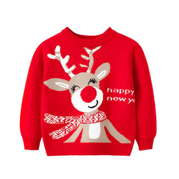 Коледен детски пуловер с дълъг ръкав Cartoon Xmas Deer Бебешки жакардов кашмирен топъл пуловер с кръгло деколте Плетива Детски дрехи