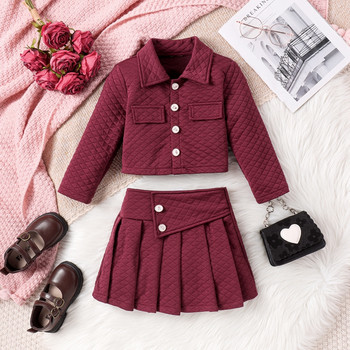 Pudcoco Toddler Kids Baby Girl 2 Piece Outfit Καπιτονέ μακρυμάνικο μπουφάν με κουμπιά και πλισέ φούστα σετ παιδικά φθινοπωρινά ρούχα 4-7T