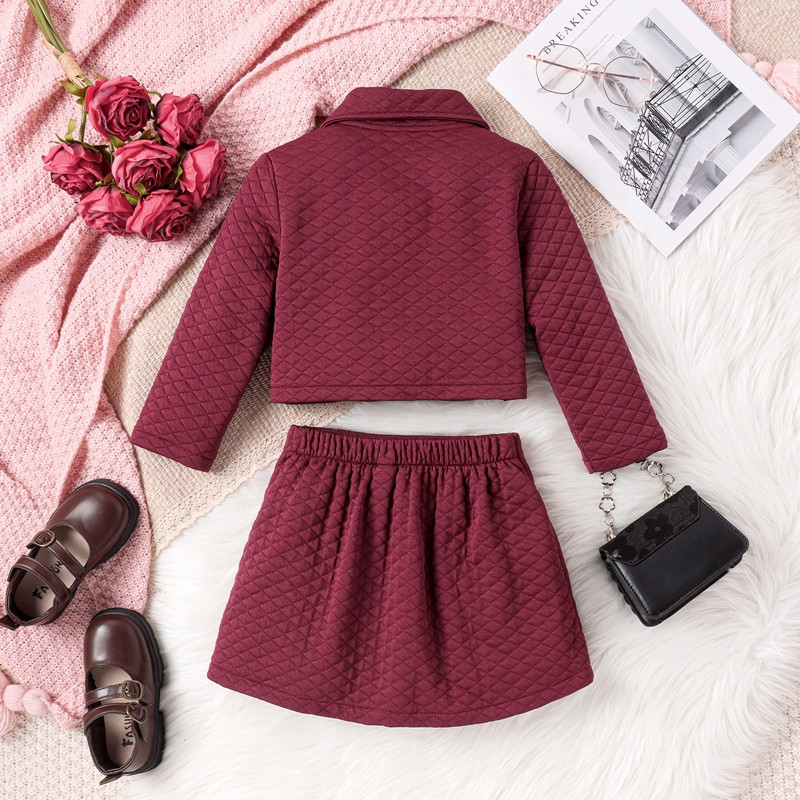 Pudcoco Toddler Kids Baby Girl 2 piese ținută matlasată cu mânecă lungă jachetă cu nasturi și fustă plisată Haine de toamnă pentru copil mic 4-7T