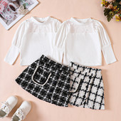 Pudcoco väikelaste tüdrukute 2 tk. varustusvõrk, lapiline pikkade varrukatega särgid, elastne ruuduline A-joon seelikukomplekt väikelapse sügisriiete jaoks 6M-4T