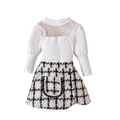 Pudcoco väikelaste tüdrukute 2 tk. varustusvõrk, lapiline pikkade varrukatega särgid, elastne ruuduline A-joon seelikukomplekt väikelapse sügisriiete jaoks 6M-4T