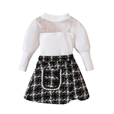 Pudcoco väikelaste tüdrukute 2 tk. varustusvõrk, lapiline pikkade varrukatega särgid, elastne ruuduline A-joon seelikukomplekt väikelapse sügisriiete jaoks 6M-4T