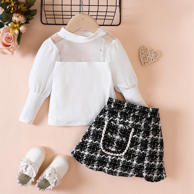 Pudcoco väikelaste tüdrukute 2 tk. varustusvõrk, lapiline pikkade varrukatega särgid, elastne ruuduline A-joon seelikukomplekt väikelapse sügisriiete jaoks 6M-4T