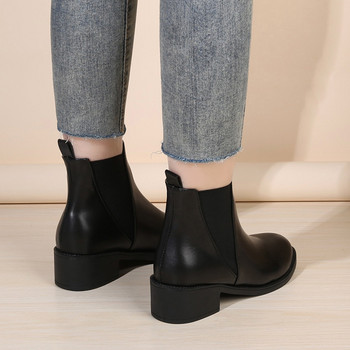 Обувки Дамски 2023 Дамски ботуши до глезена Класически модерни ботуши Дамски плътни приплъзващи се разтегливи шевни Обувки с кръгли пръсти и масивен ток Дамски