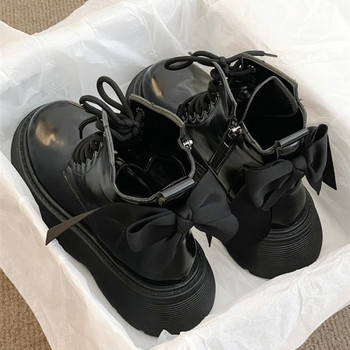 Бели черни ботуши с връзки на платформа с панделка Дамски 2023 Есен Зима Модни дизайнерски масивни Kawaii обувки Harajuku Footwear