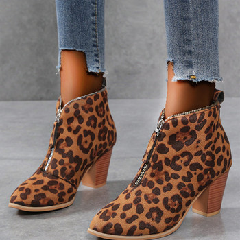 Дамски ботуши с леопардов принт с голям ток Есенни обувки за жени Дамски къси ботуши с цип Обувки на платформа
