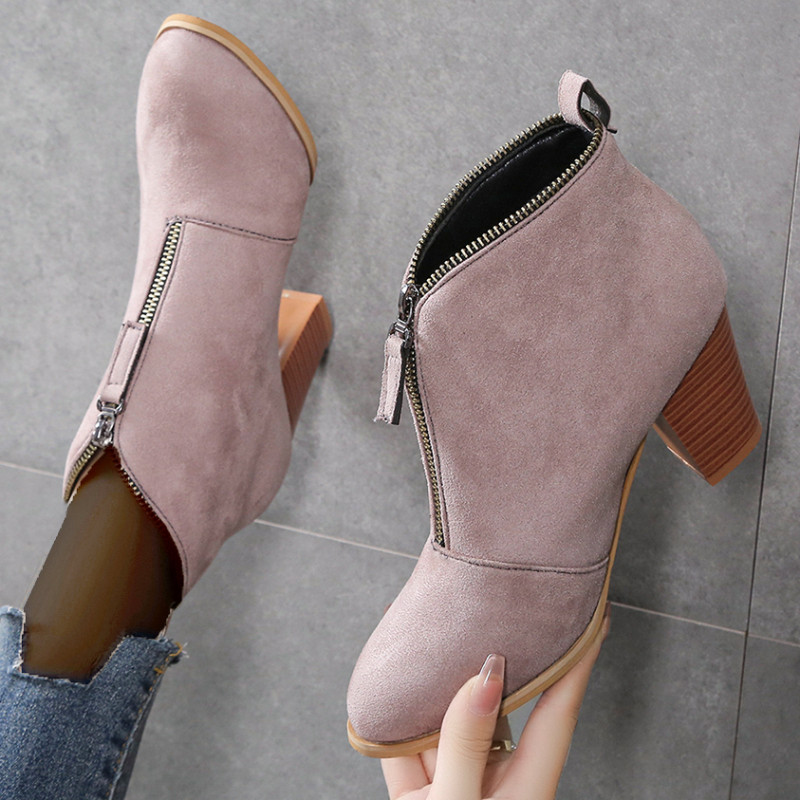 Suures suuruses naiste leopardimustriga paksu kontsaga poolsaapad naiste sügiskingad Flock lukuga naiste lühikesed saapad platvormkingad