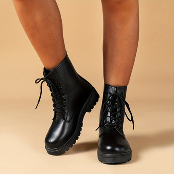 Дамски черни бойни ботуши с плътен ток Стилни едноцветни къси ботуши с връзки Модни ботуши от изкуствена кожа