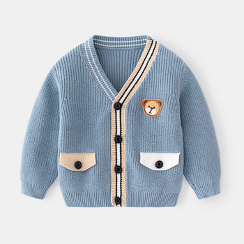 Бебе момчета момичета жилетка пуловер памук топъл детски плетени дълъг ръкав V-образно деколте фалшив джоб горнище за малко дете за есен зимно облекло