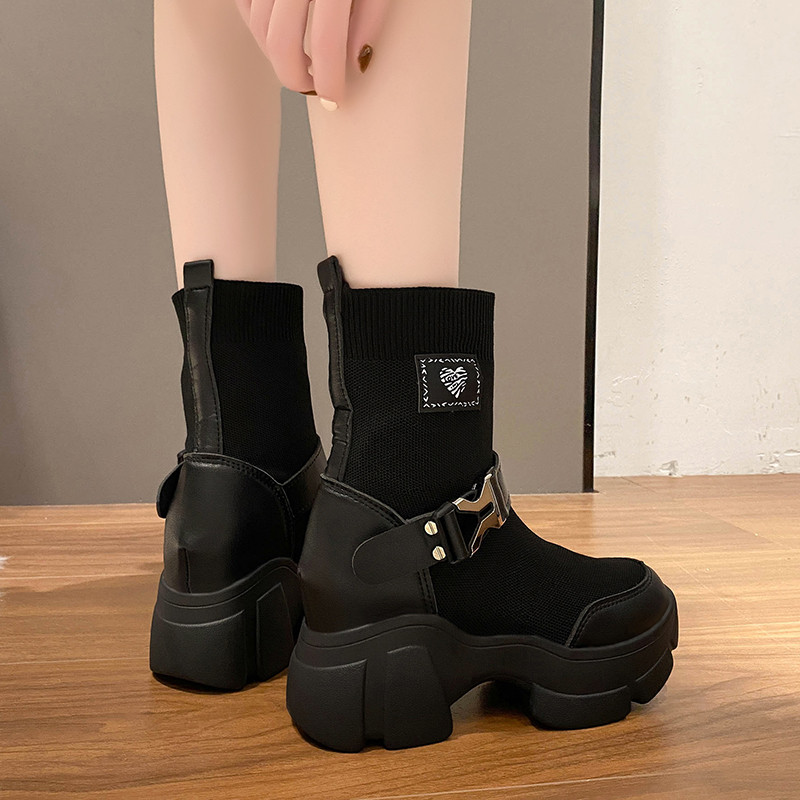 Cizme de damă toamnă iarnă 2023 noi cizme de damă, tricotate, respirabile, cu platformă cu toc gros, cizme la modă, cizme sport ocazionale