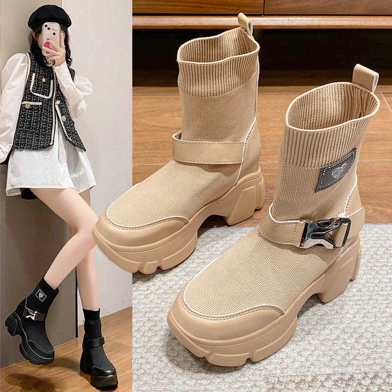 Cizme de damă toamnă iarnă 2023 noi cizme de damă, tricotate, respirabile, cu platformă cu toc gros, cizme la modă, cizme sport ocazionale
