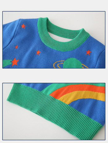 Зимни дрехи за бебешки момчета Карикатурен плетен пуловер Космически модел с дълъг ръкав и О-образно деколте Дебел син пуловер Горнища за деца 2-7 години