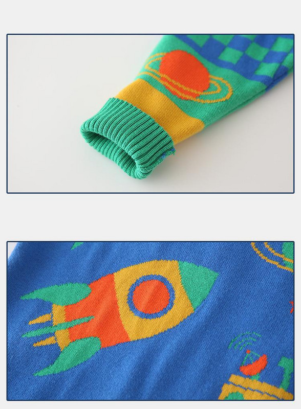 Χειμερινά ενδύματα για αγοράκια Πλεκτά πουλόβερ κινουμένων σχεδίων Space μοτίβο Μακρυμάνικο O λαιμό Χοντρό μπλε πουλόβερ μπλούζες για παιδιά 2-7 ετών