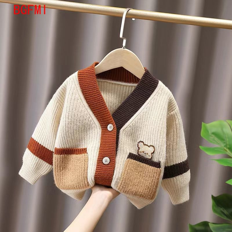 Cardigan tricotat cu buzunar din desene animate pentru copii mici, pentru băieți, fete, îmbrăcăminte de toamnă, iarnă, pulover îngroșat pentru copil, pentru haină pentru copii