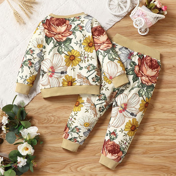 Пролетно-есенни комплекти за момичета Дрехи Комплекти от 2 части Горнища с дълъг ръкав с щампа на цветя + Бохо модни комплекти дрехи за момичета с дълъг ръкав 1-6 г.