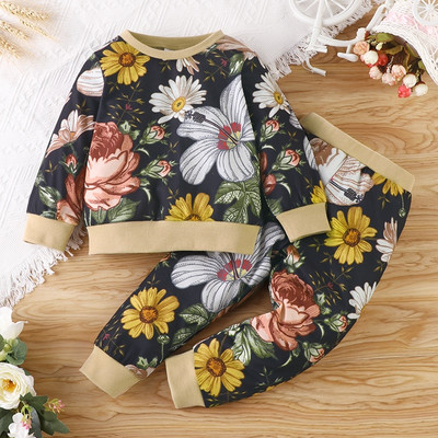 Jarné jesenné dievčenské outfity, 2-dielne súpravy, kvetinový top s dlhým rukávom + dlhý rukáv, boho módne dievčenské oblečenie, súprava 1-6 rokov