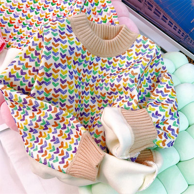 Tüdrukute plüüsis kampsun 2023, uus sügis- ja talvine armastustrükiga laste alumine välismaise stiiliga tüdrukute pulloveriga kootud kampsun