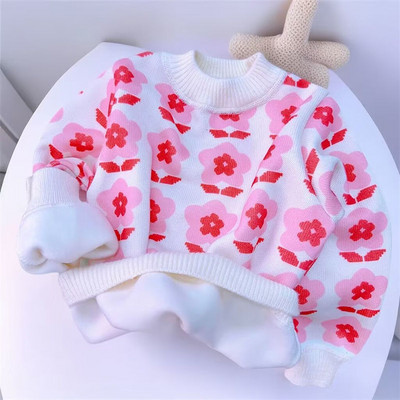 Tüdrukute plüüsis kampsun 2023, uus sügis- ja talvine armastustrükiga laste alumine välismaise stiiliga tüdrukute pulloveriga kootud kampsun