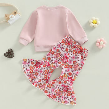 2 бр. Дрехи за момичета за малко дете Пролетни тоалети Розови пуловери с дълъг ръкав с щампа на букви + Комплект кльощави панталони с цветя