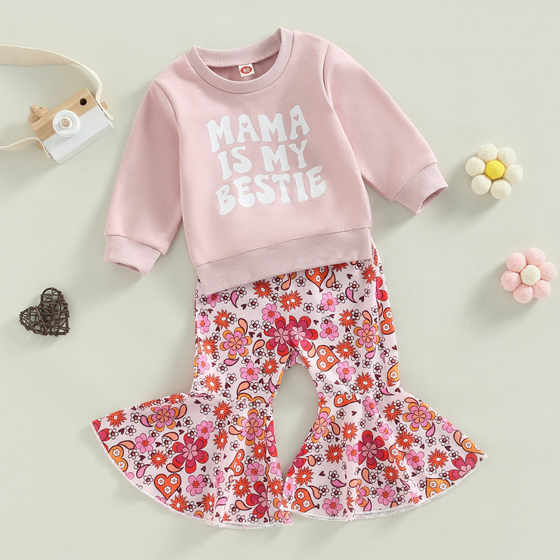 2 buc. haine pentru fetiță ținute de primăvară roz cu mâneci lungi cu imprimeu cu litere, pulover, top + set de pantaloni evazați cu flori